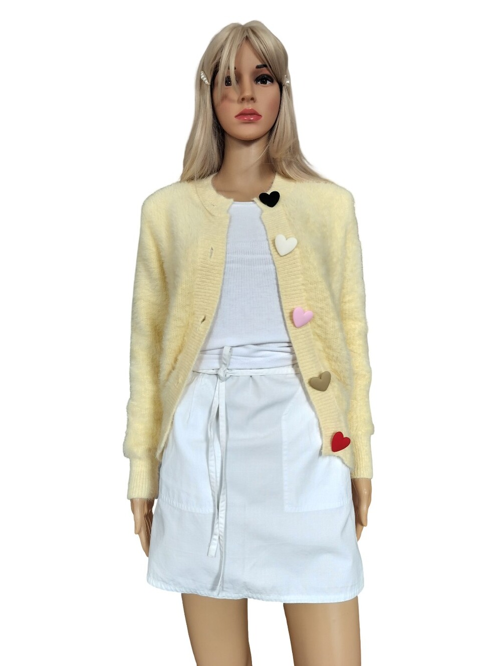 Yellow Heart-Button Fuzzy Knit Cardigan Sweater Size L New